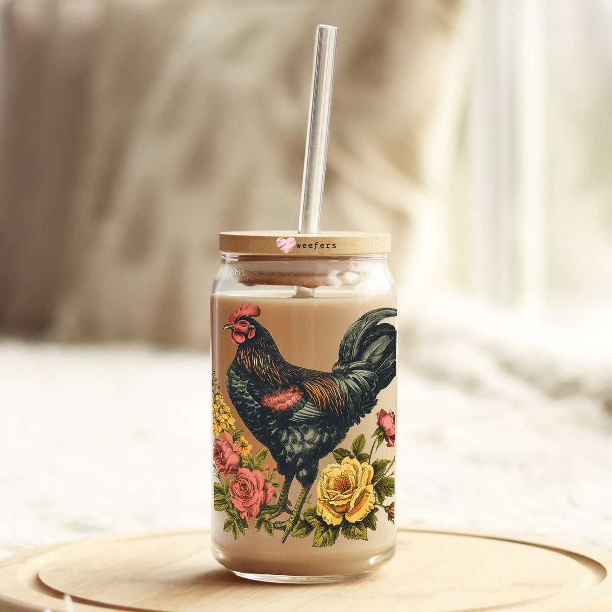 Vintage Floral Rooster 16oz Libbey Glass Can UV DTF or Sublimation Wrap - Decal Weefers