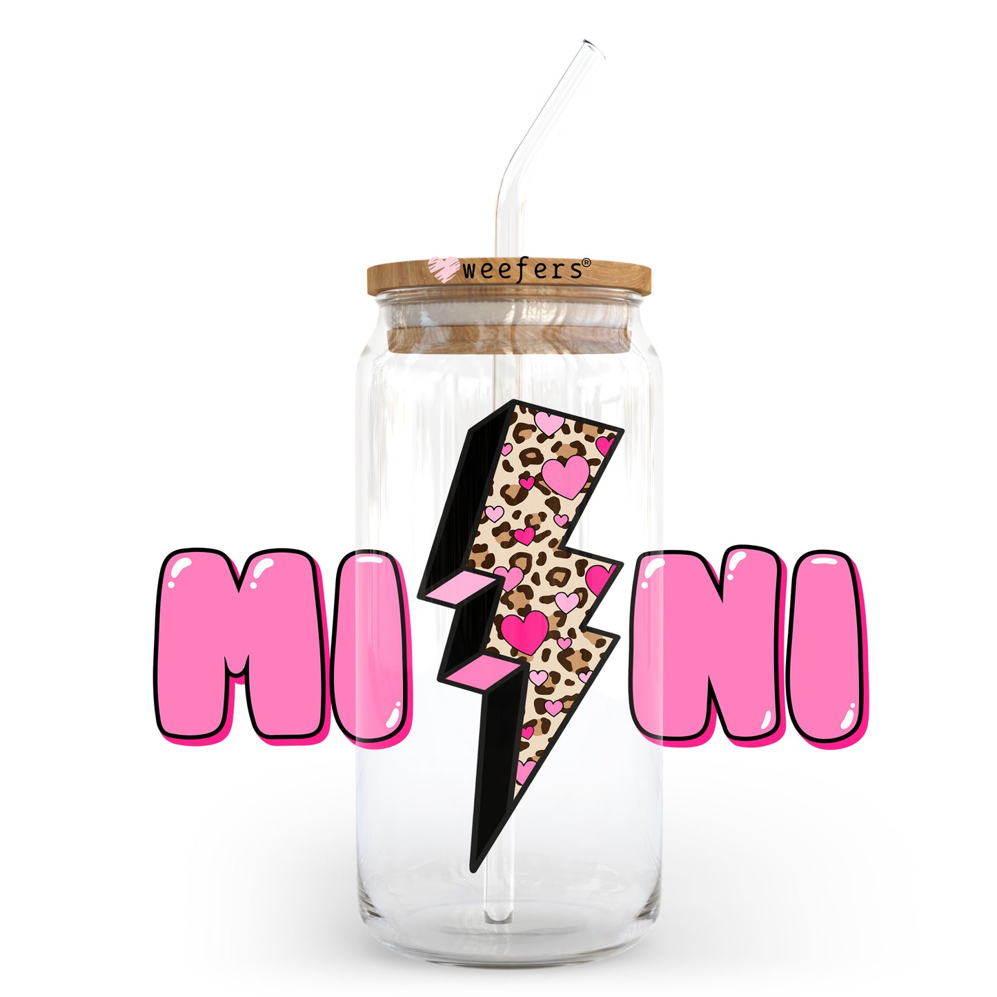 Mini Pink Leopard Lightening Bolt 20oz Libbey Glass Can UV DTF or Sublimation Wrap - Decal Transfer Weefers
