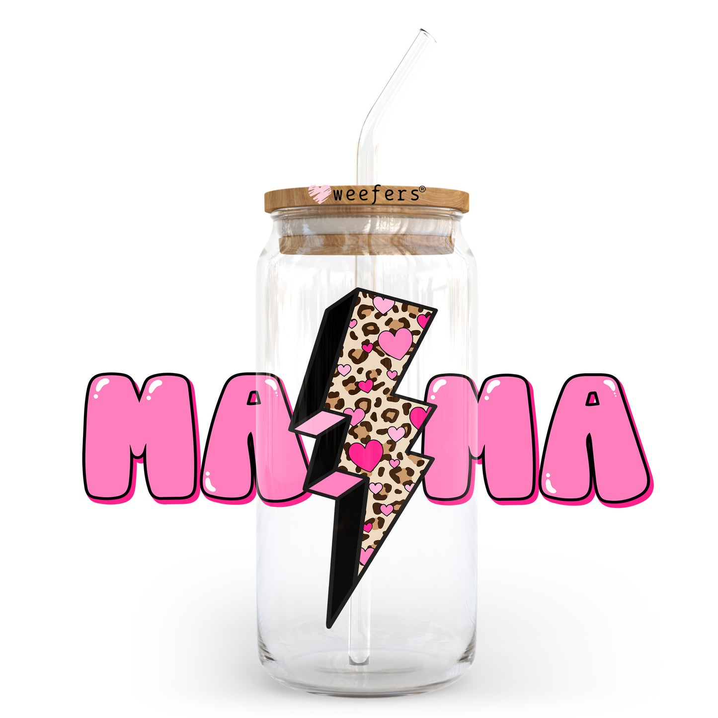 Mama Pink Leopard Lightening Bolt 20oz Libbey Glass Can UV DTF or Sublimation Wrap - Decal Transfer Weefers