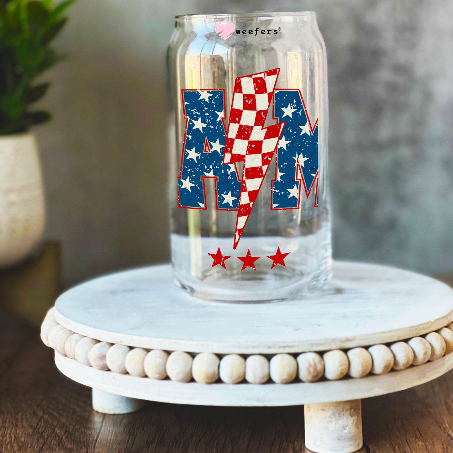 Mama Lightening Bolt 4th of July 16oz Libbey Glass Can UV DTF or Sublimation Wrap Decal Transfer Weefers