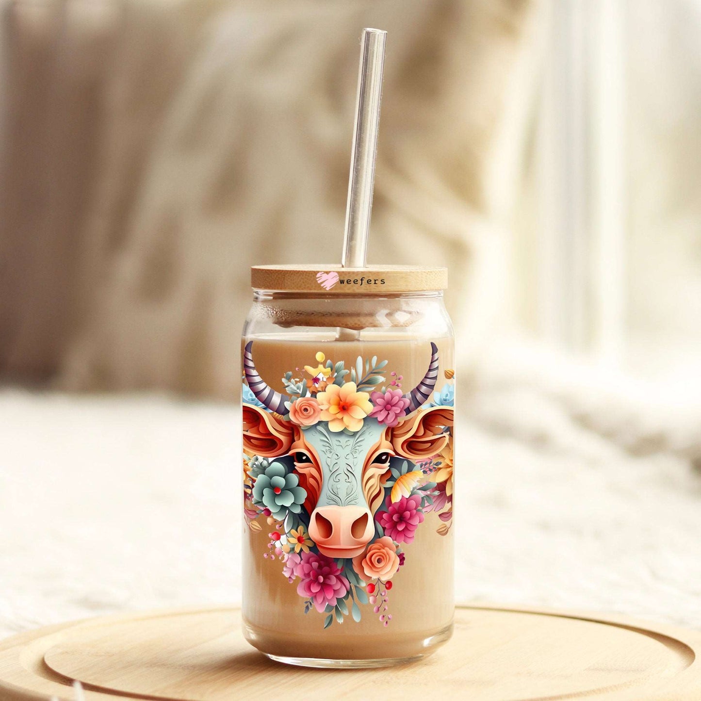 3D Antelope Floral 16oz Libbey Glass Can UV DTF or Sublimation Cup Wrap - Decal Transfer Weefers