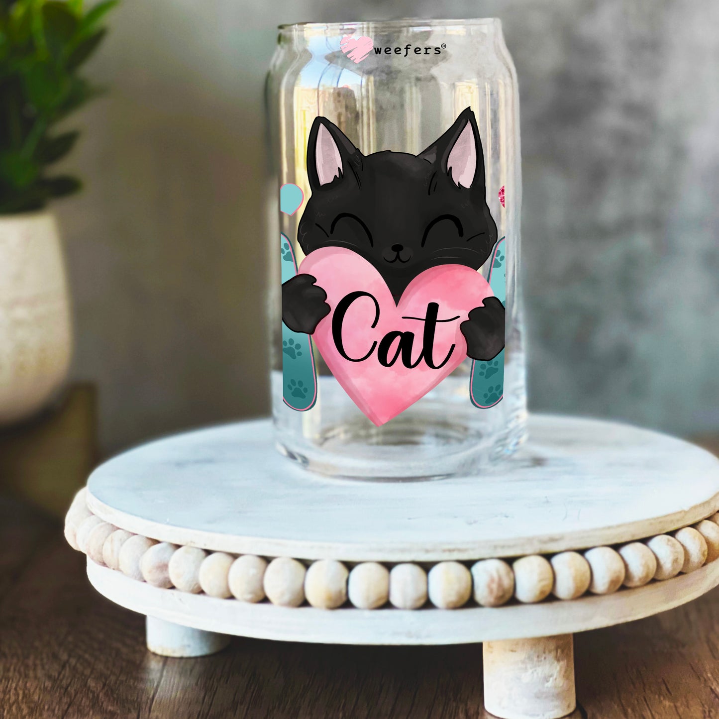 Cat Mom Heart 16oz Libbey Glass Can UV DTF or Sublimation Wrap Decal Transfer Weefers