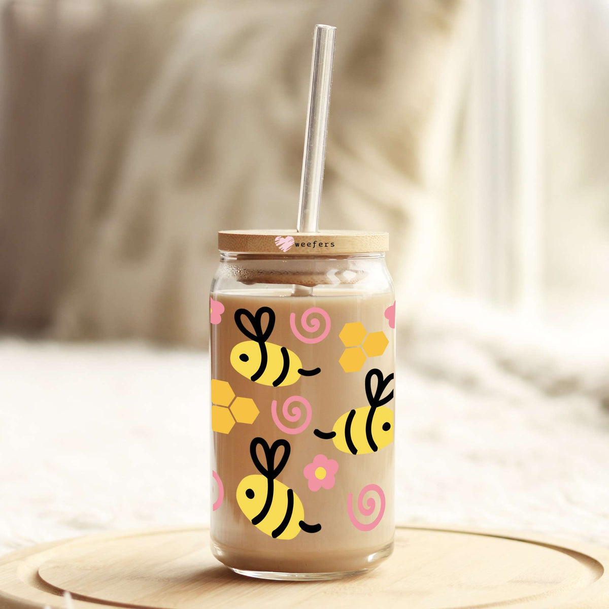 Whimsical Bumble bees 16oz Libbey Glass Can UV DTF or Sublimation Wrap - Transfer Weefers