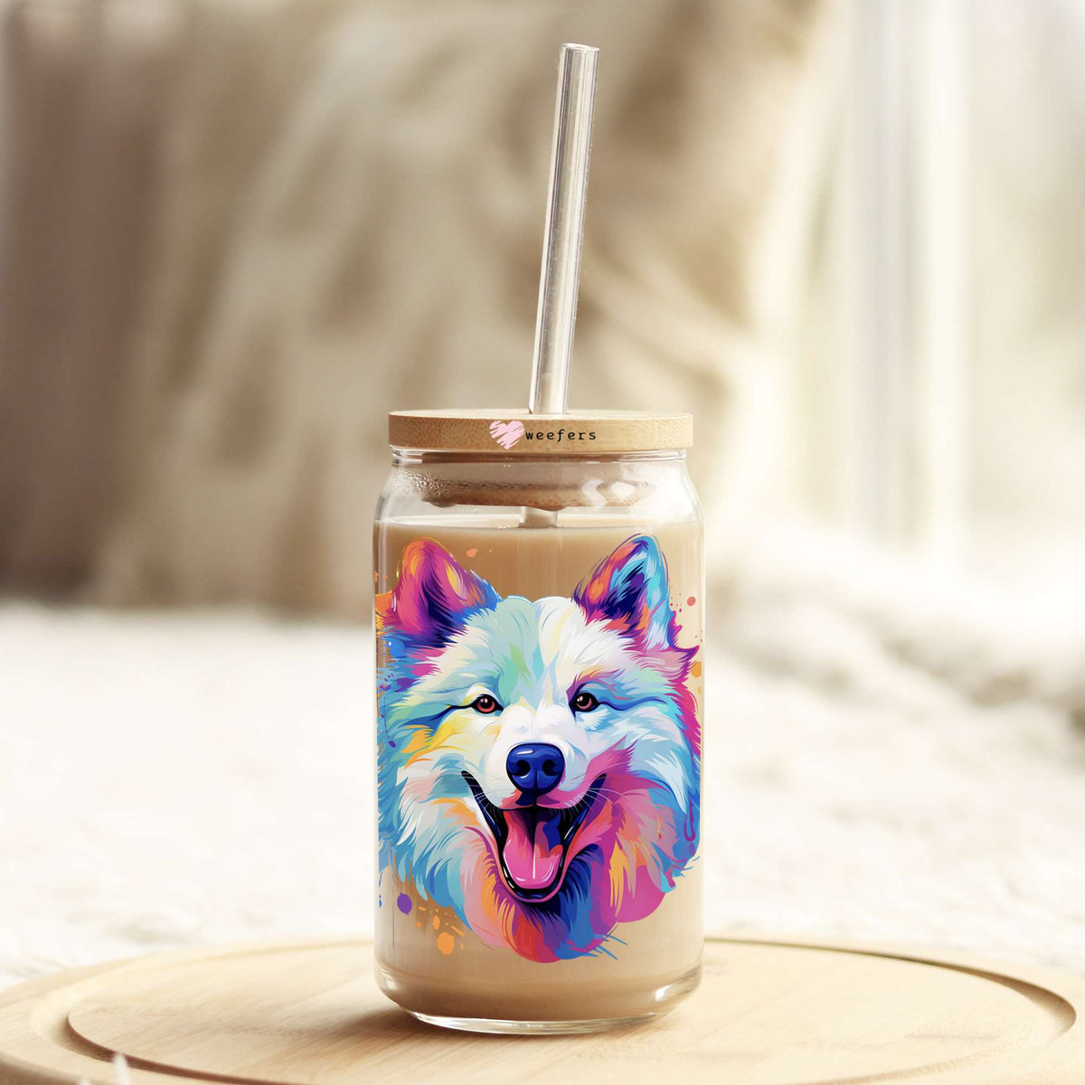 Samoyed Colorful Watercolor 16oz Libbey Glass Can UV DTF or Sublimation Wrap - Decal Weefers