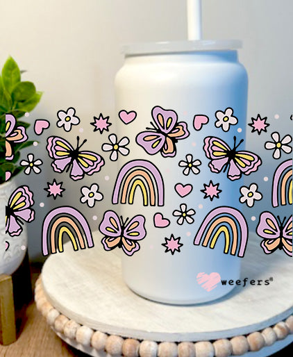 Purple Rainbows and Butterflies 16oz Libbey Glass Can UV DTF Full Decal Transfer Weefers