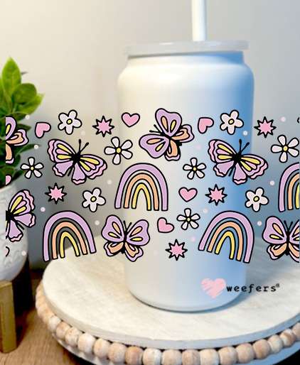 Purple Rainbows and Butterflies 16oz Libbey Glass Can UV DTF Full Decal Transfer Weefers