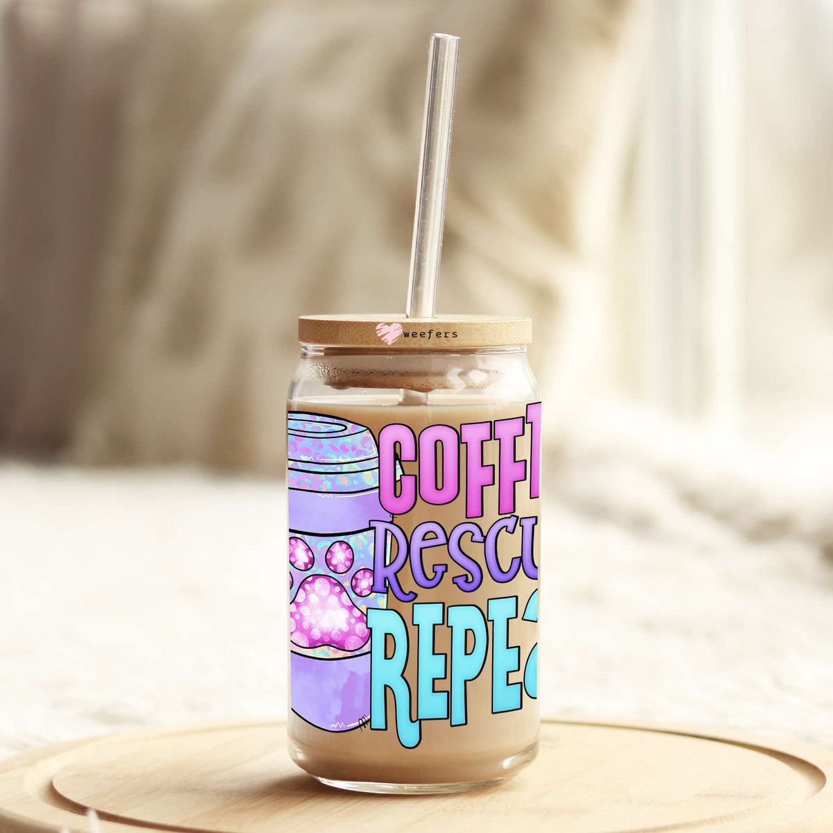 Coffee Rescue Repeat 16oz Libbey Glass Can UV DTF or Sublimation Wrap - Decal Transfer Weefers