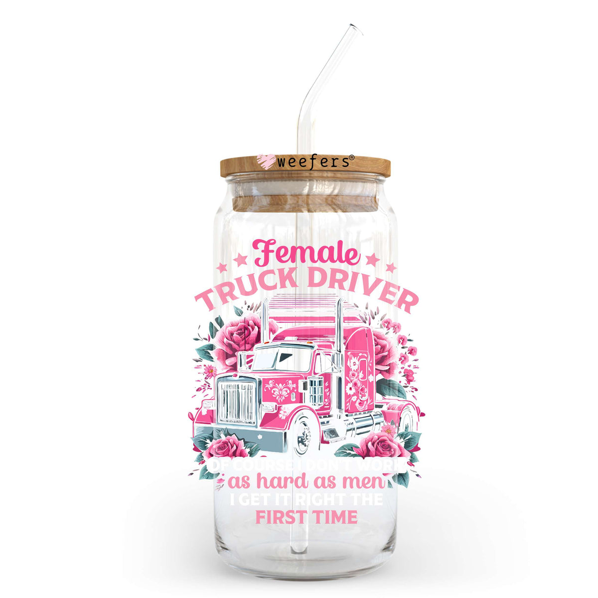Female Truck Driver 20oz Libbey Glass Can UV DTF or Sublimation Wrap - Decal Transfer Weefers