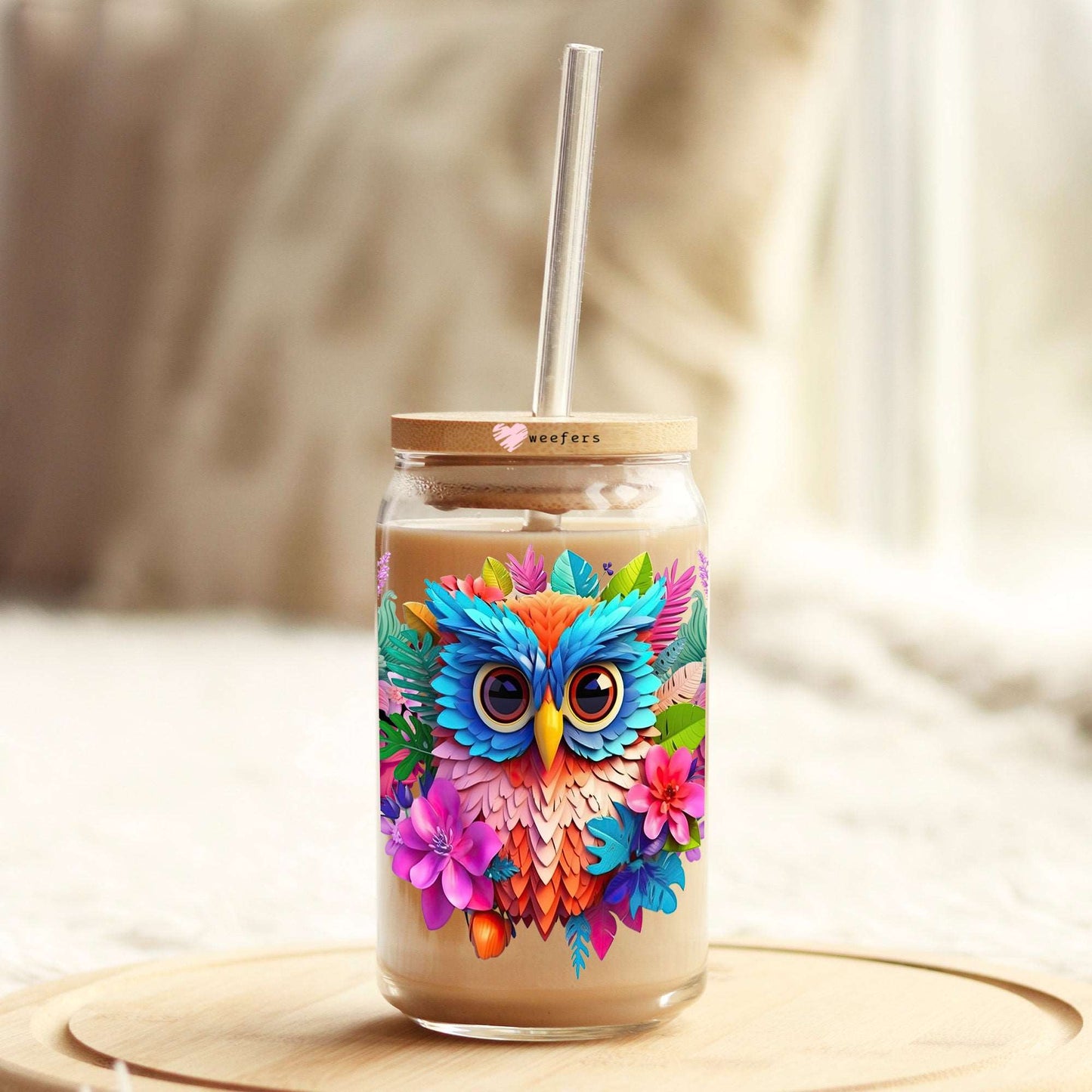 3D Owl Floral 16oz Libbey Glass Can UV DTF or Sublimation Cup Wrap - Decal Transfer Weefers