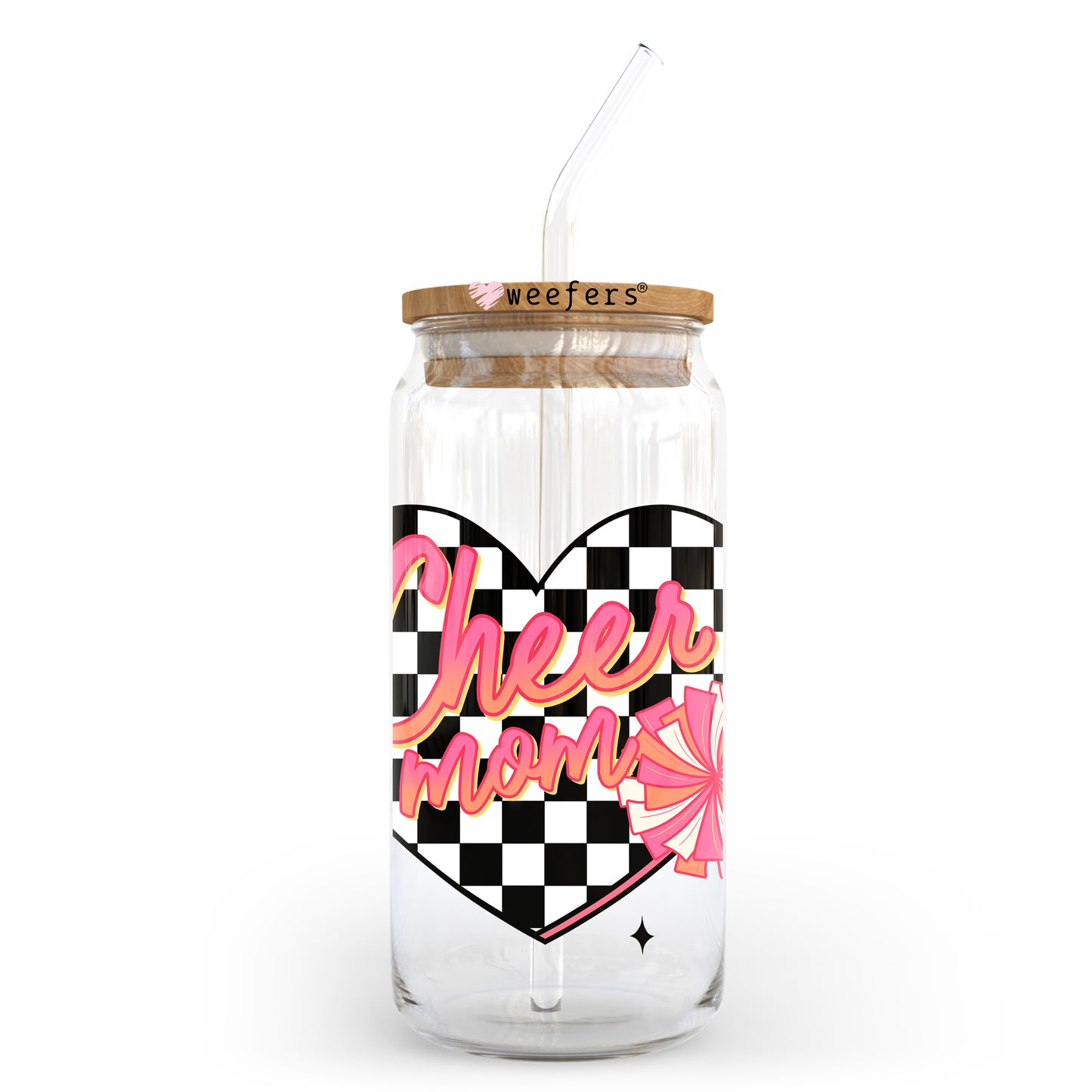 Cheer Mom Heart Checkered 20oz Libbey Glass Can, 34oz Hip Sip, 40oz Tumbler, 24oz Cold Cup UV DTF or Sublimation Decal Transfer Weefers