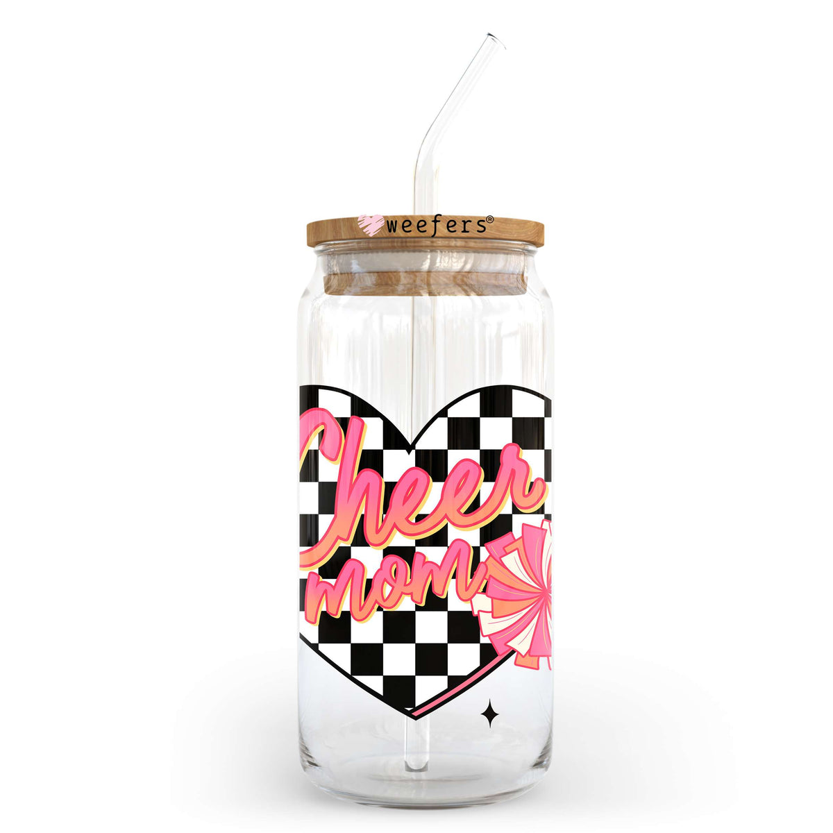 Cheer Mom Heart Checkered 20oz Libbey Glass Can, 34oz Hip Sip, 40oz Tumbler, 24oz Cold Cup UV DTF or Sublimation Decal Transfer Weefers