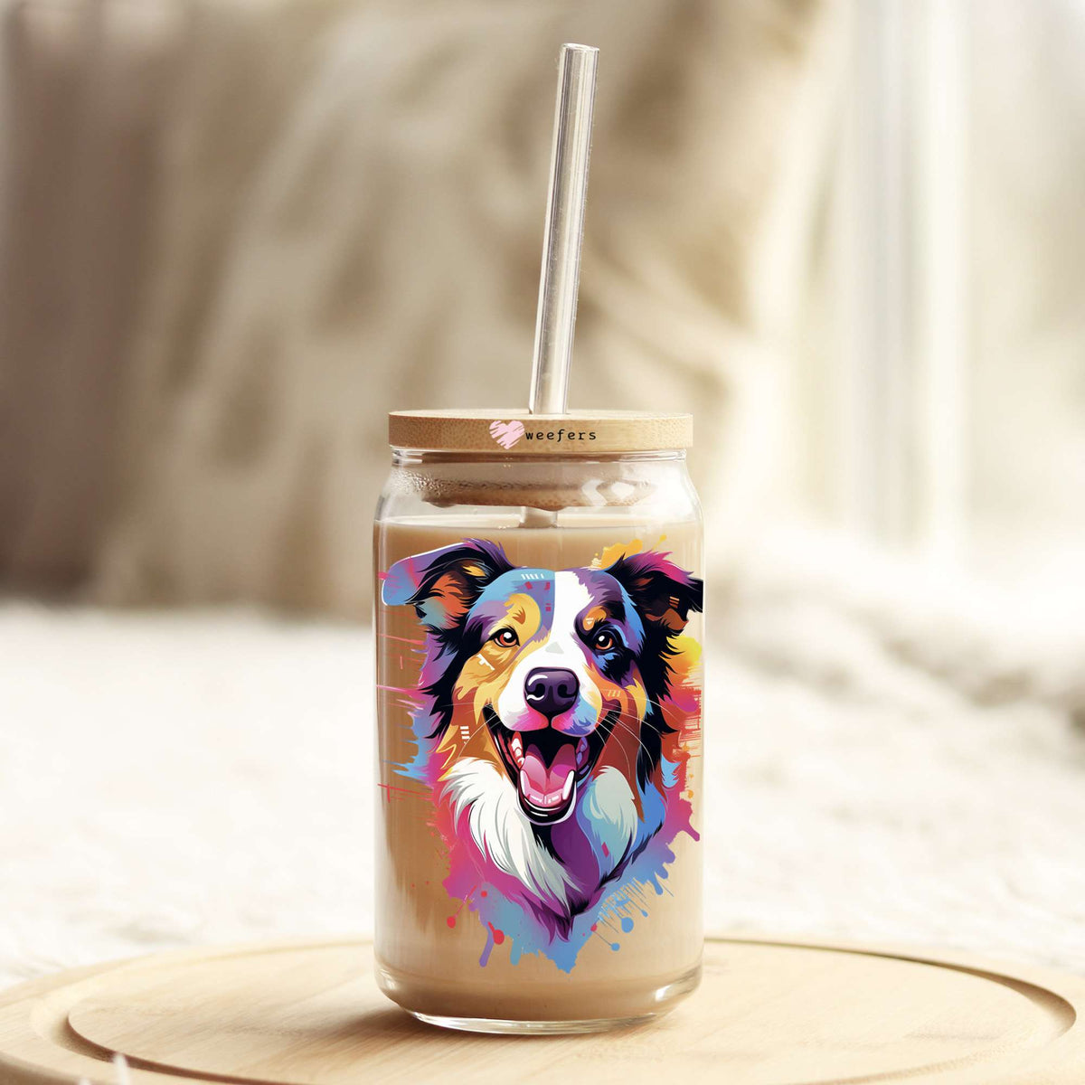 Border Collie Colorful Watercolor 16oz Libbey Glass Can UV DTF or Sublimation Wrap - Decal Weefers