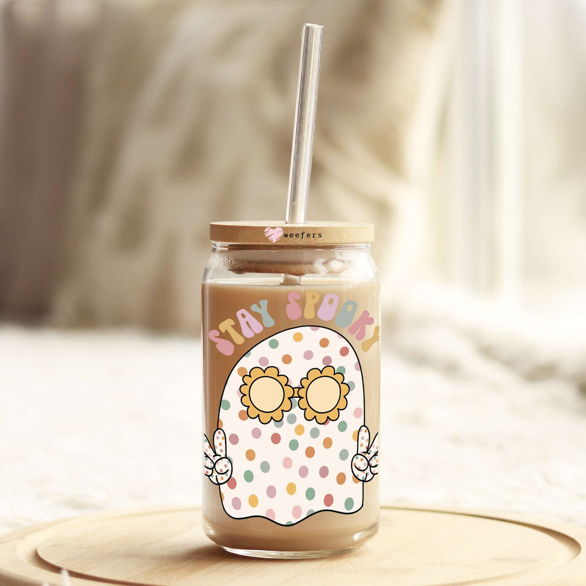 Stay Spooky Groovy Ghost 16oz Libbey Glass Can UV DTF or Sublimation Wrap Decal Transfer Weefers