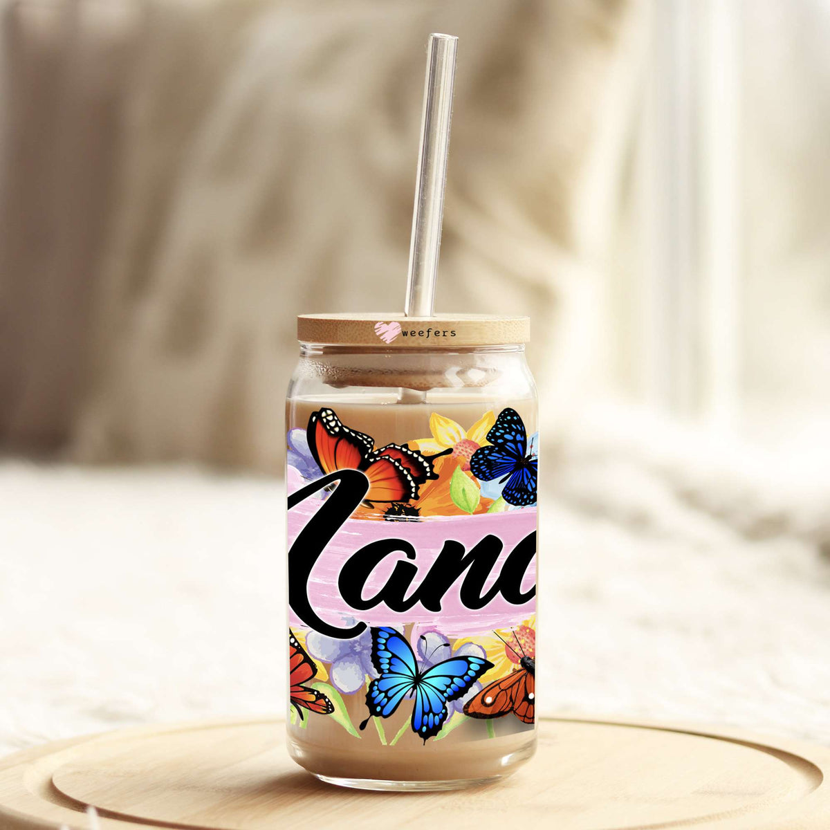Nana Colorful Butterflies 16oz Libbey Glass Can UV DTF or Sublimation Wrap Decal Transfer Weefers