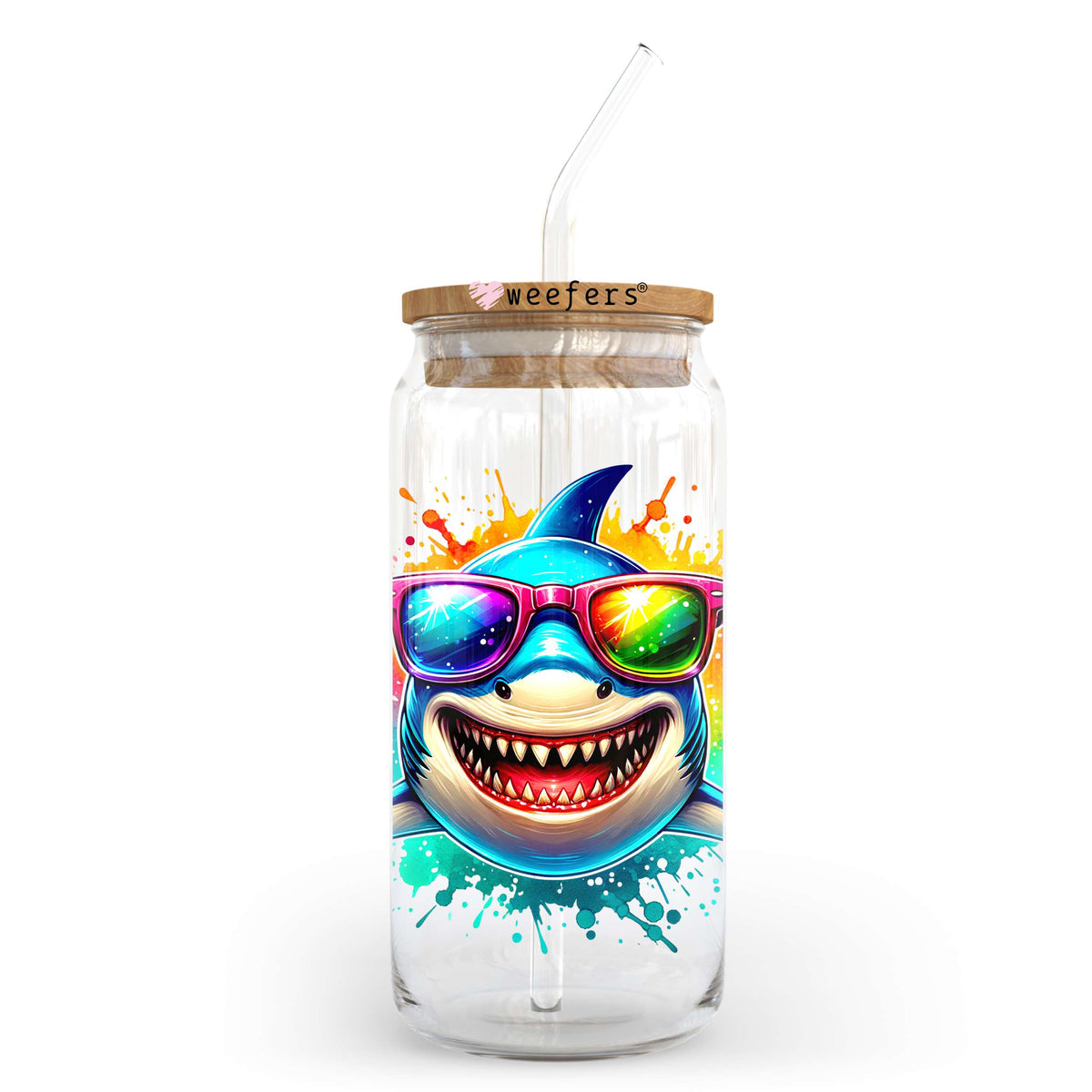 Colorful Shark 20oz Libbey Glass Can UV DTF or Sublimation Decal Transfer Weefers