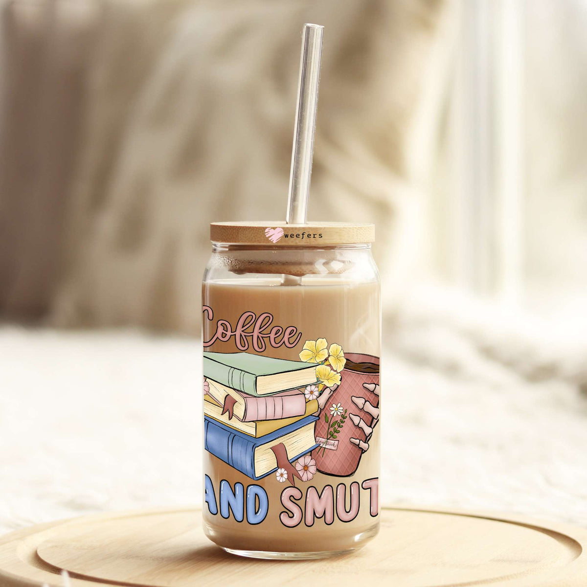 Coffee and Smut Book Lover 16oz Libbey Glass Can UV DTF or Sublimation Wrap - Decal Weefers