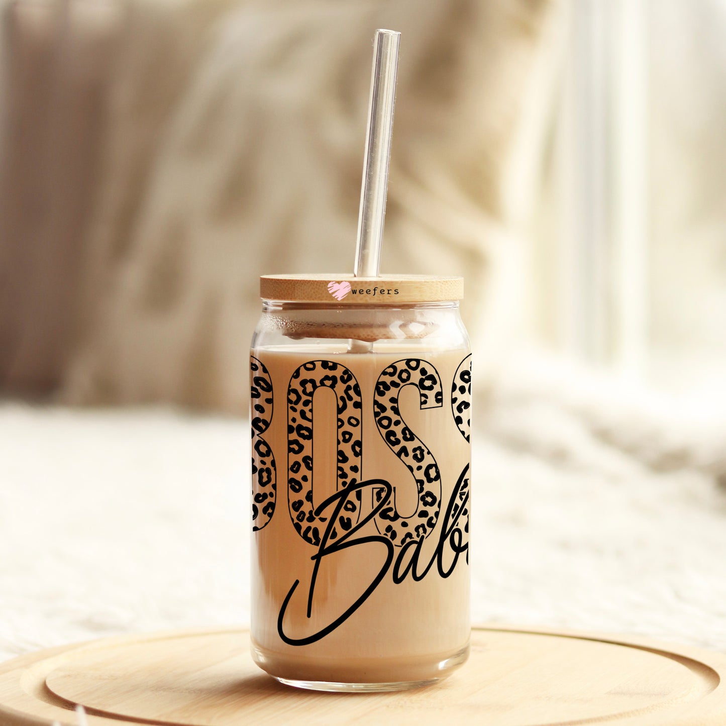 Boss Babe Black Cheetah 16oz Libbey Glass Can UV DTF or Sublimation Wrap - Decal Weefers