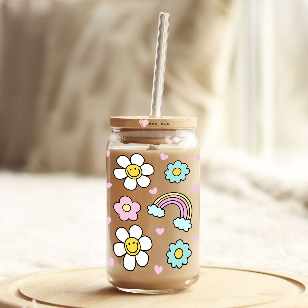 Retro Rainbows and Smile Flowers 16oz Libbey Glass Can UV DTF or Sublimation Wrap - Decal Transfer Weefers