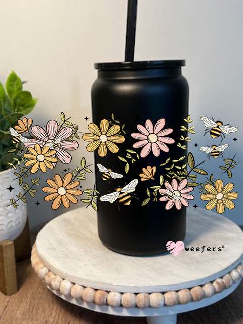 Yellow and Pink Flowers 16oz Libbey Glass Can UV DTF Decal Transfer Weefers