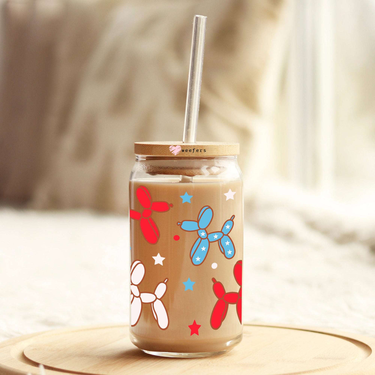 4th of July Balloon Dogs 16oz Libbey Glass Can UV DTF or Sublimation Wrap - Transfer Weefers