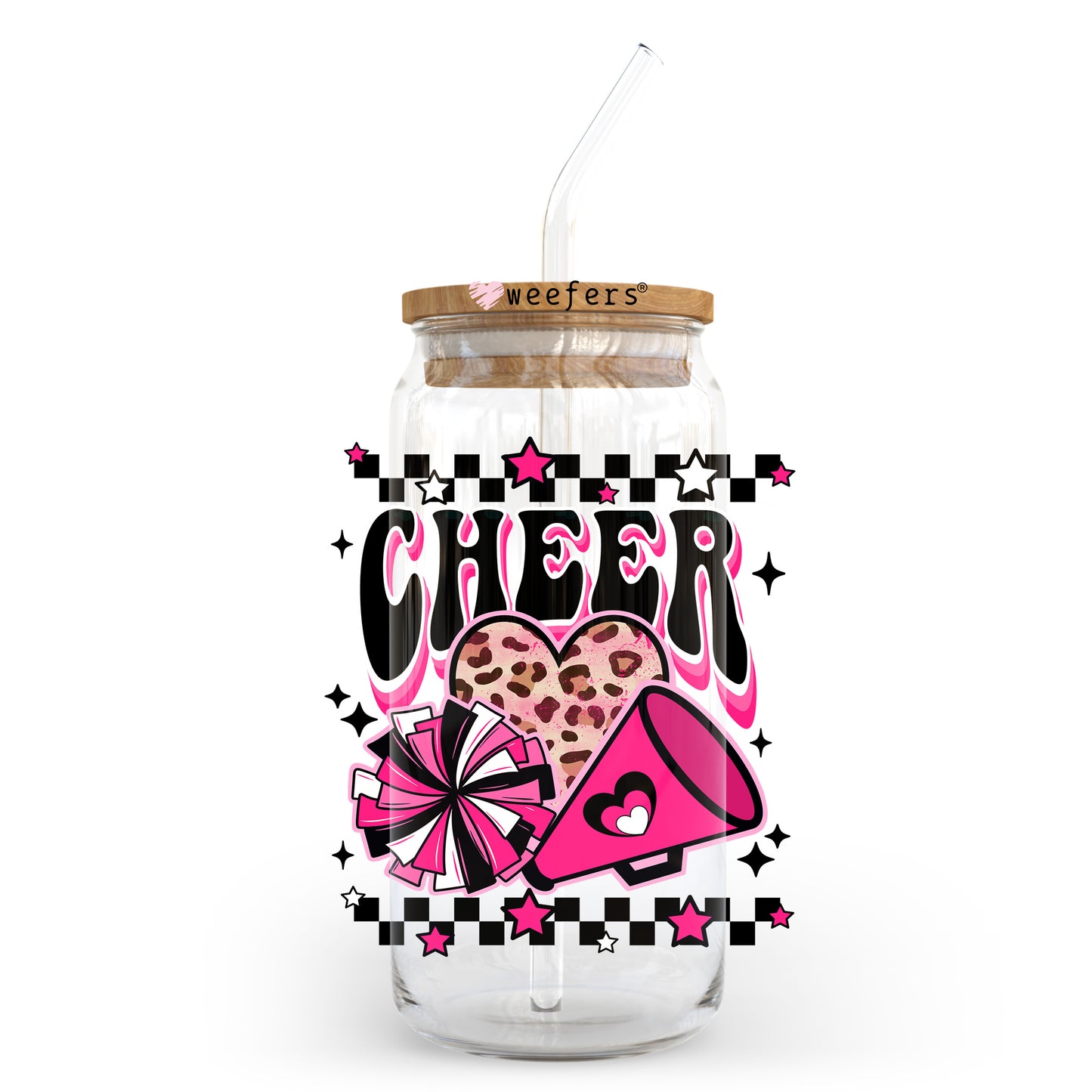 Cheer Hot Pink and Black 20oz Libbey Glass Can UV DTF or Sublimation Wrap - Decal Transfer Weefers
