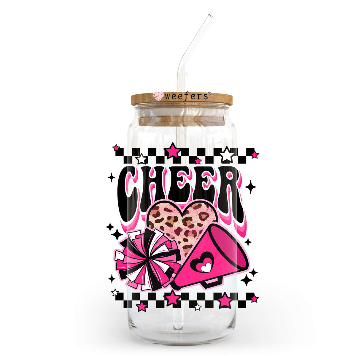 Cheer Hot Pink and Black 20oz Libbey Glass Can UV DTF or Sublimation Wrap - Decal Transfer Weefers