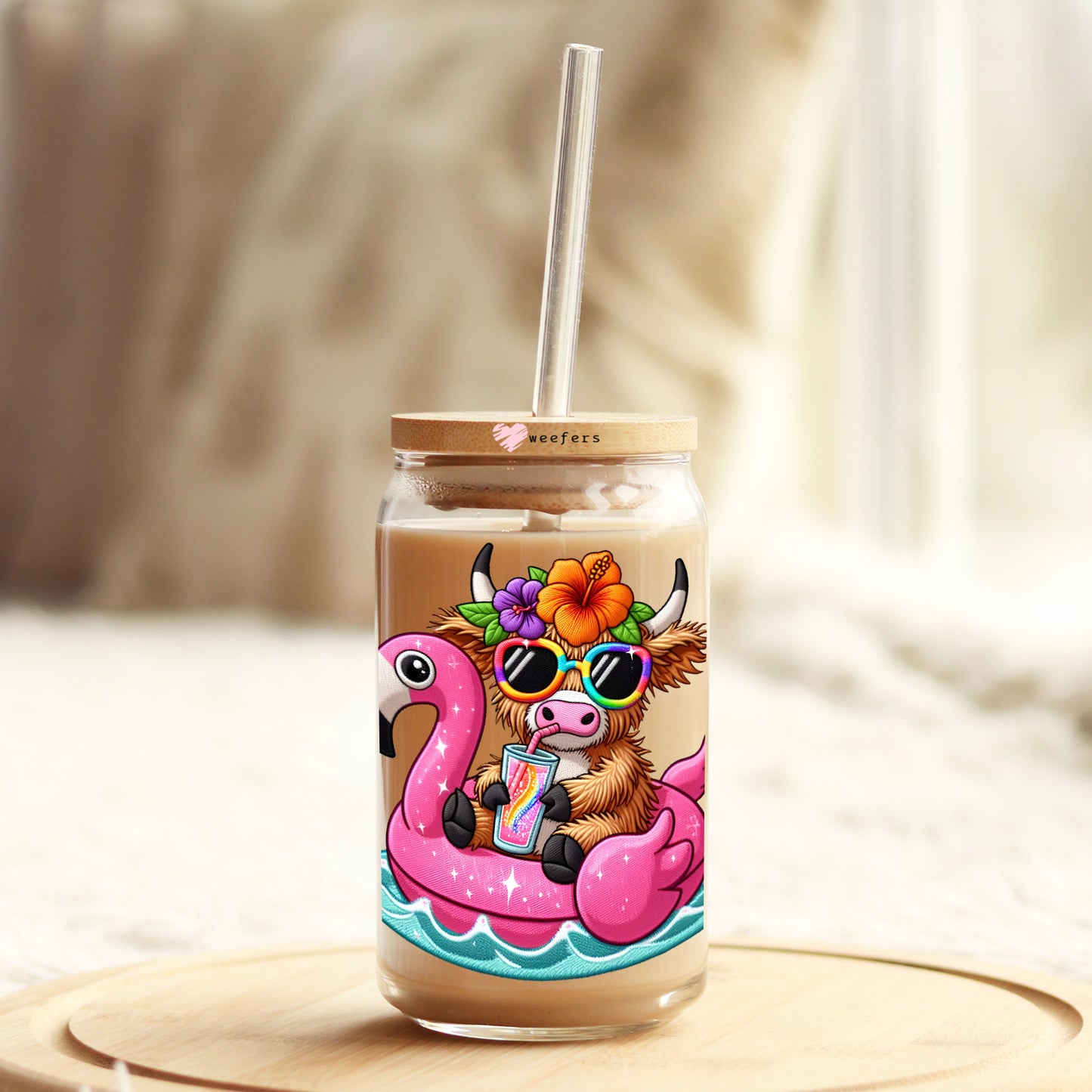 Vacay Highlander Cow Flamingo Floaty 16oz Libbey Glass Can UV DTF or Sublimation Decal - Transfer Weefers