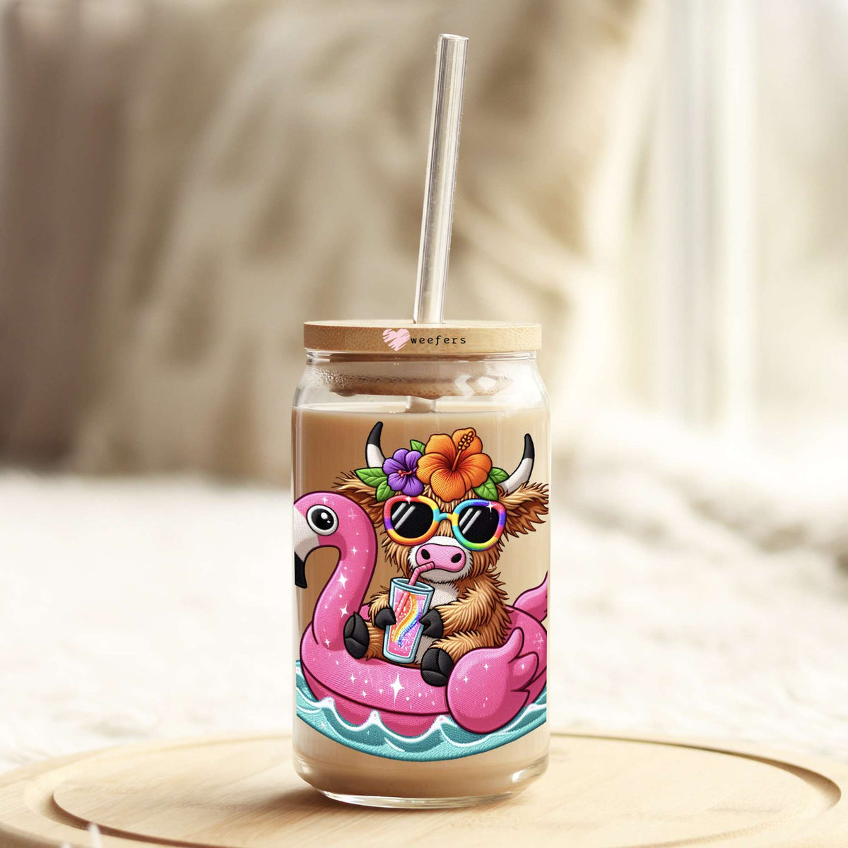 Vacay Highlander Cow Flamingo Floaty 16oz Libbey Glass Can UV DTF or Sublimation Decal - Transfer Weefers