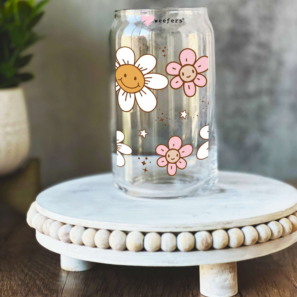 Happy Flowers 16oz Libbey Glass Can UV DTF or Sublimation Wrap Transfer Weefers