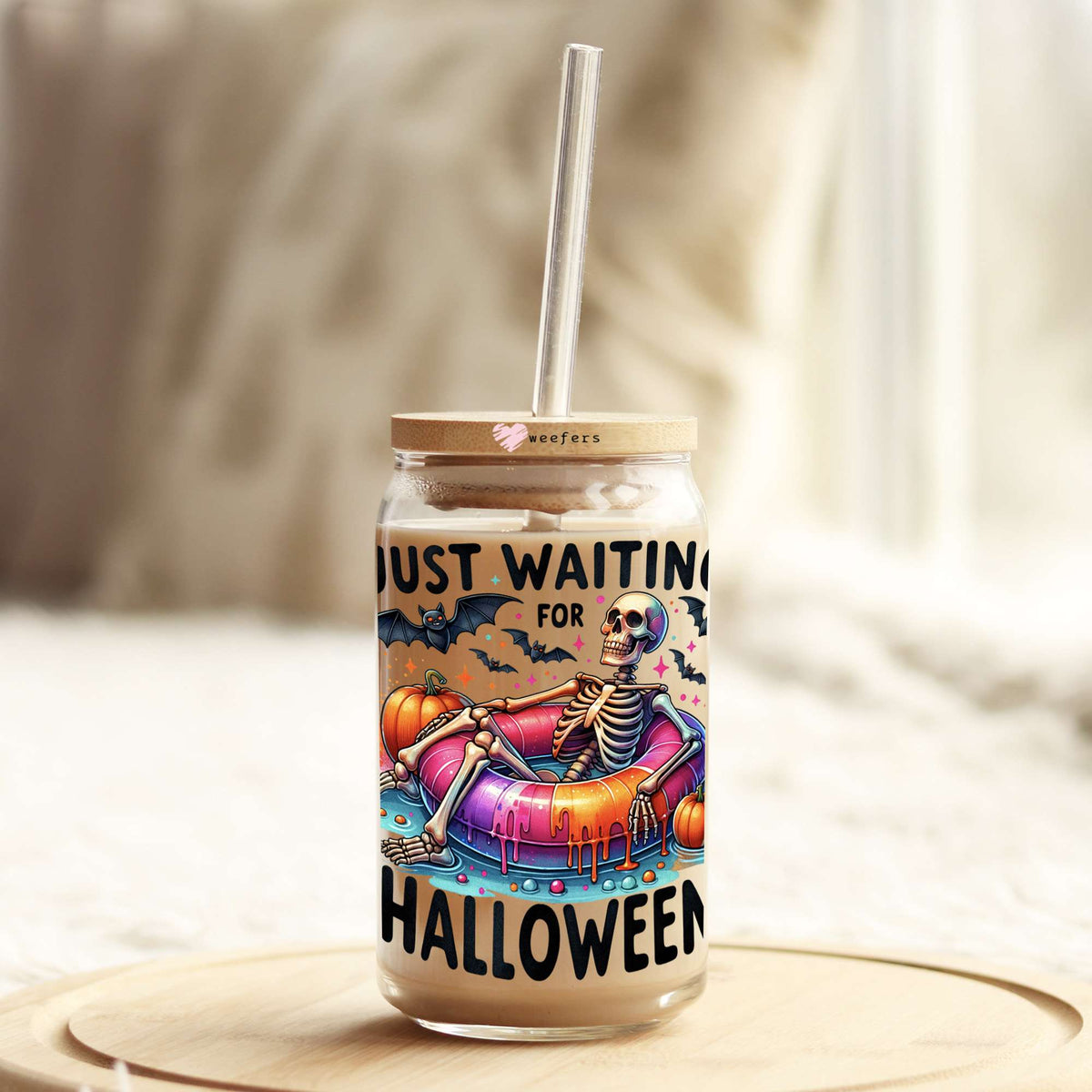 Just Waiting For Halloween 16oz Libbey Glass Can UV DTF or Sublimation Wrap Decal Transfer Weefers