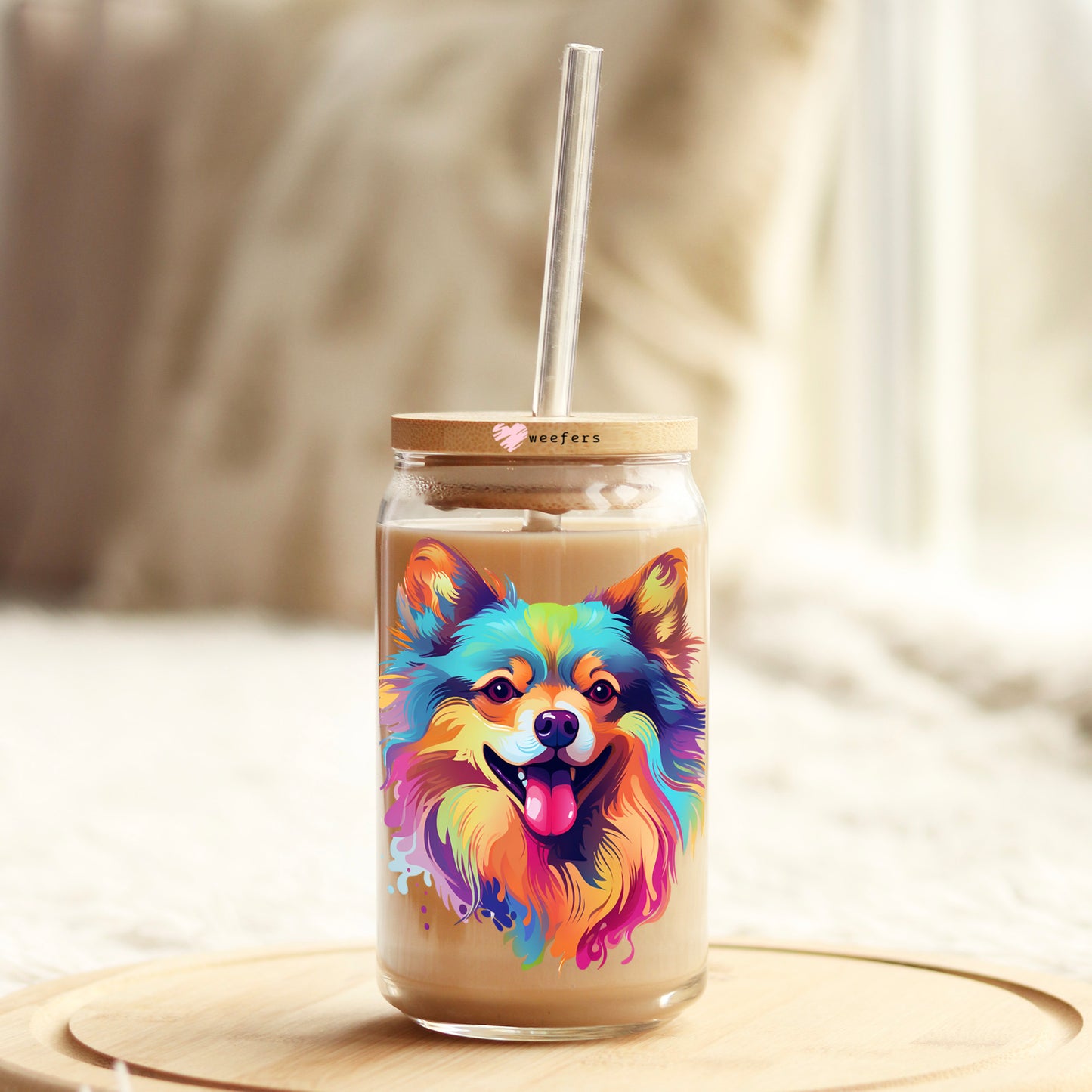 Pomeranian Colorful Watercolor 16oz Libbey Glass Can UV DTF or Sublimation Wrap - Decal Weefers