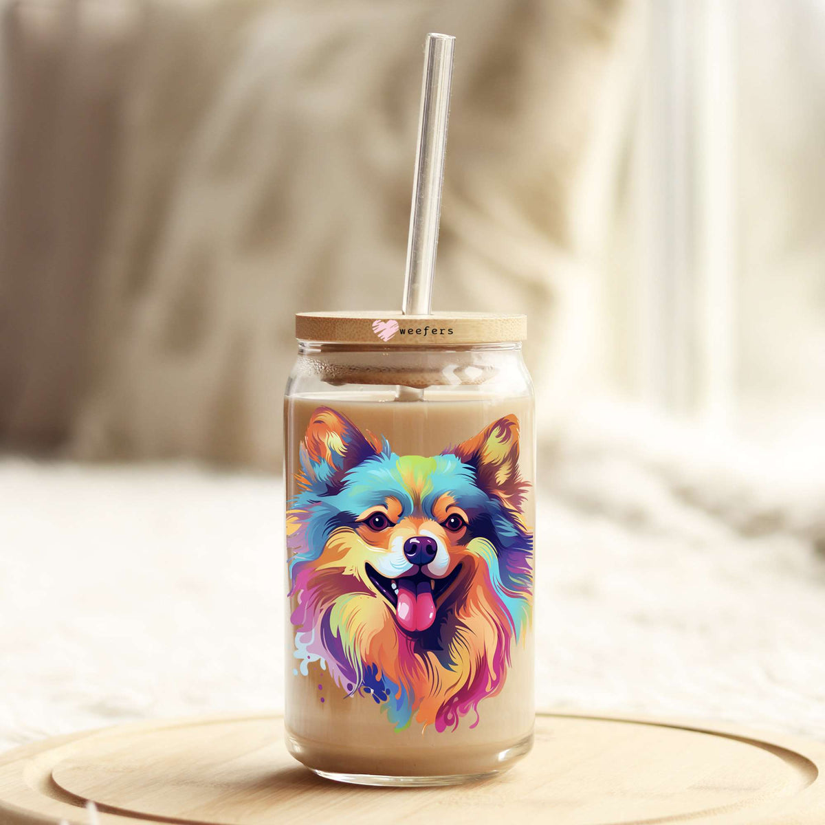 Pomeranian Colorful Watercolor 16oz Libbey Glass Can UV DTF or Sublimation Wrap - Decal Weefers