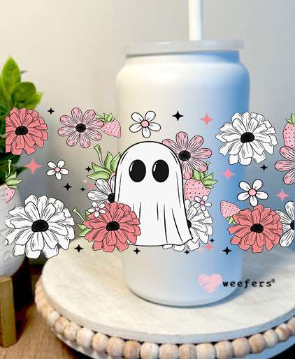 Ghost Flowers 16oz Libbey Glass Can UV DTF Full Decal Transfer Weefers