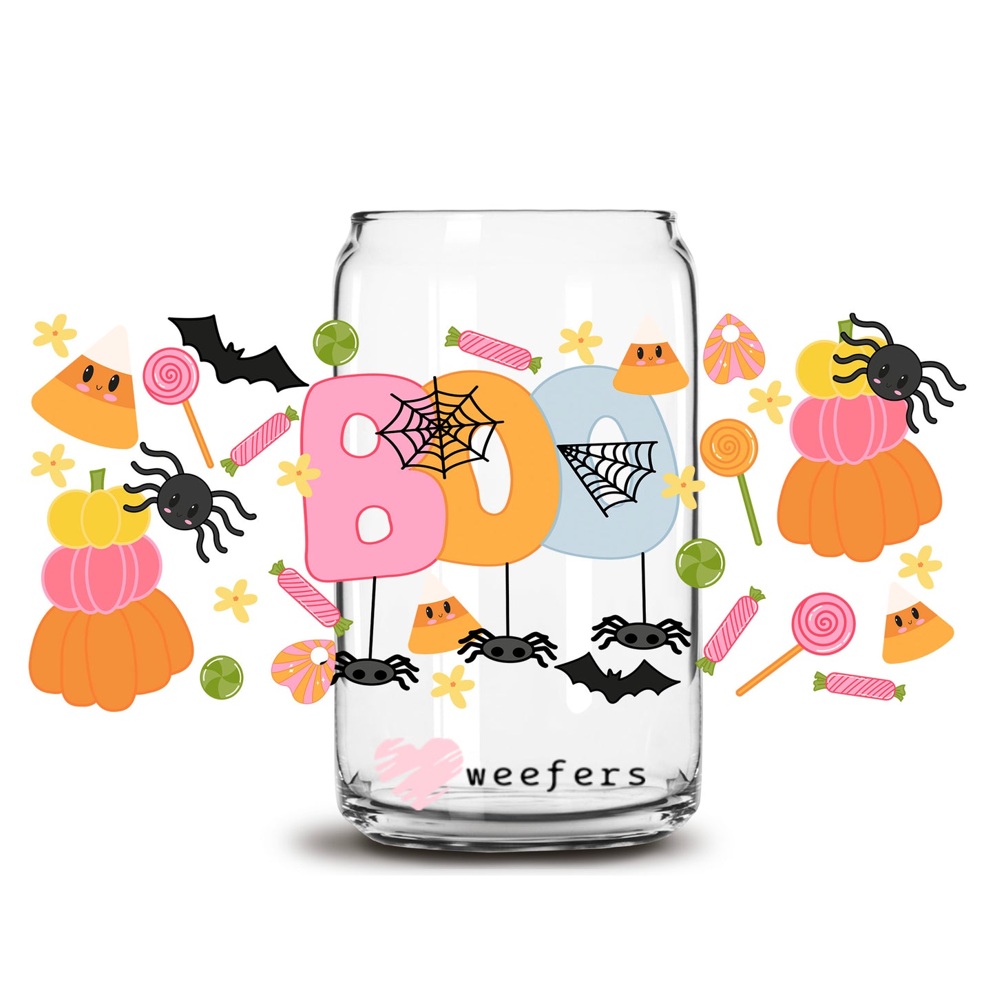 Boo Spiders Pink and Orange Halloween 16oz Libbey Glass Can UV DTF or Sublimation Wrap Decal Transfer Weefers