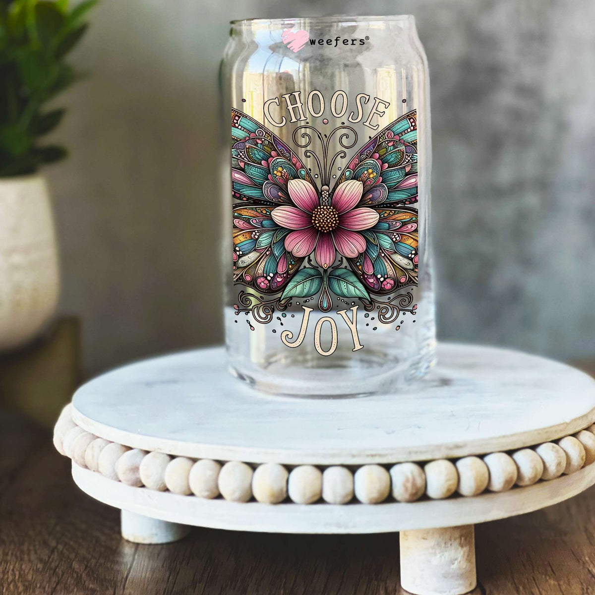 Choose Joy Colorful Butterfly 16oz Libbey Glass Can UV DTF or Sublimation Wrap Decal Transfer Weefers