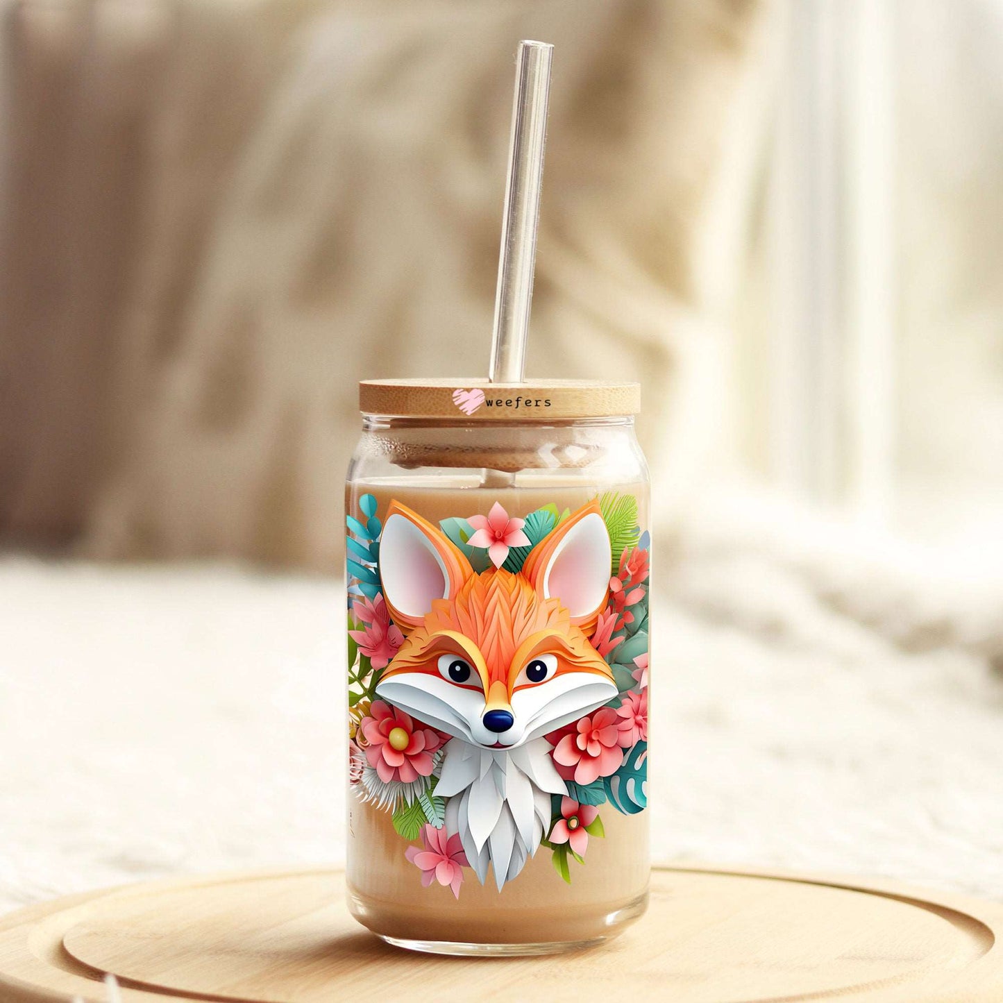 3D Fox Floral 16oz Libbey Glass Can UV DTF or Sublimation Cup Wrap - Decal Transfer Weefers