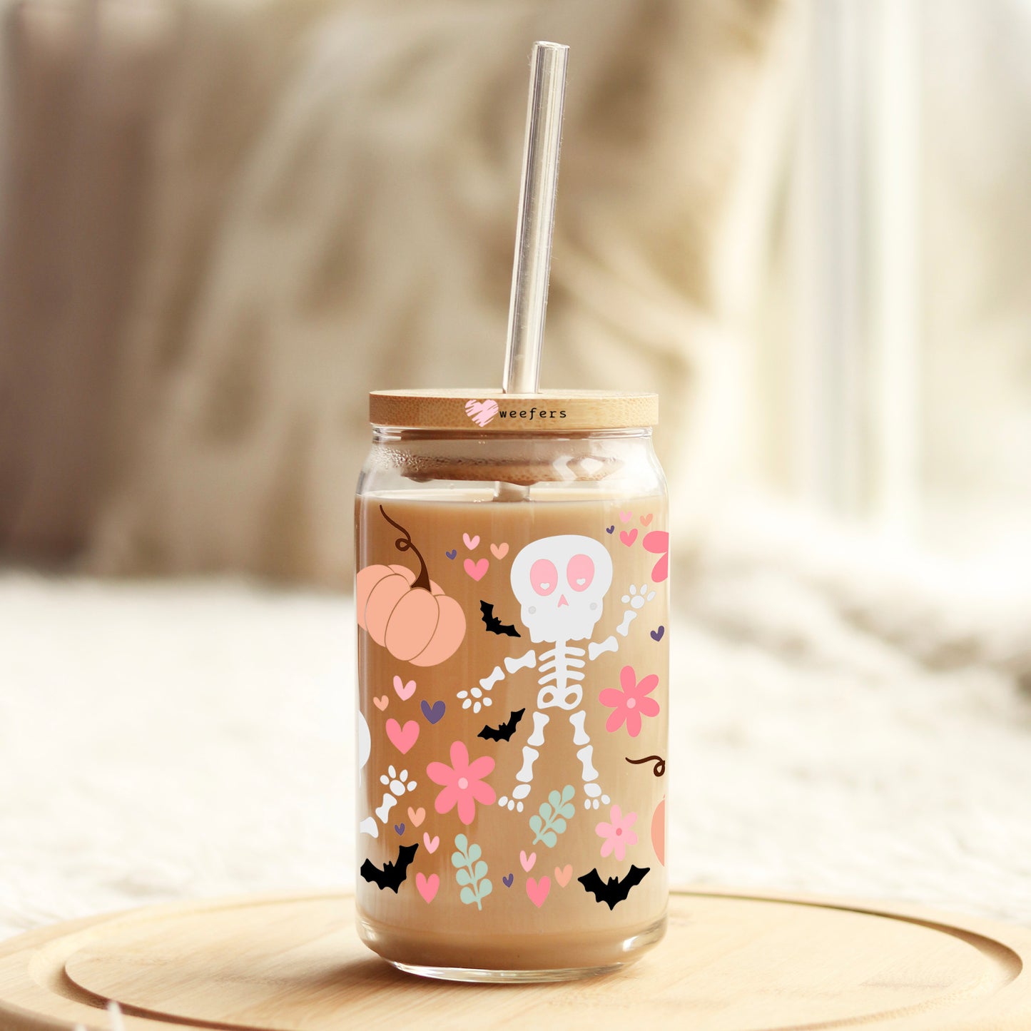 Fun Flower Skeletons 16oz Libbey Glass Can UV DTF or Sublimation Wrap Decal Transfer Weefers