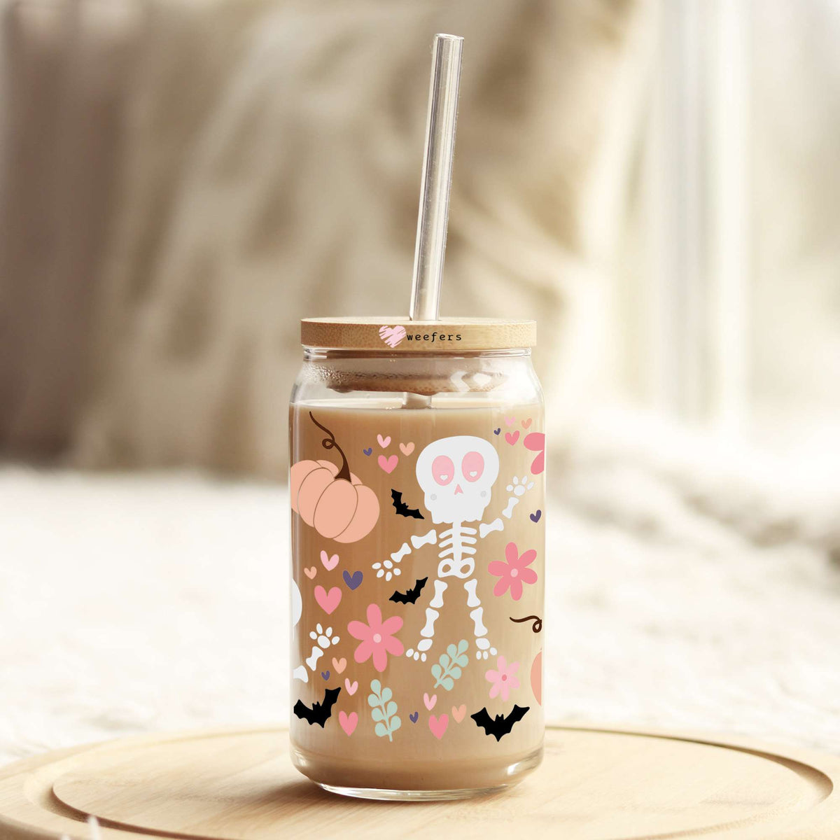 Fun Flower Skeletons 16oz Libbey Glass Can UV DTF or Sublimation Wrap Decal Transfer Weefers