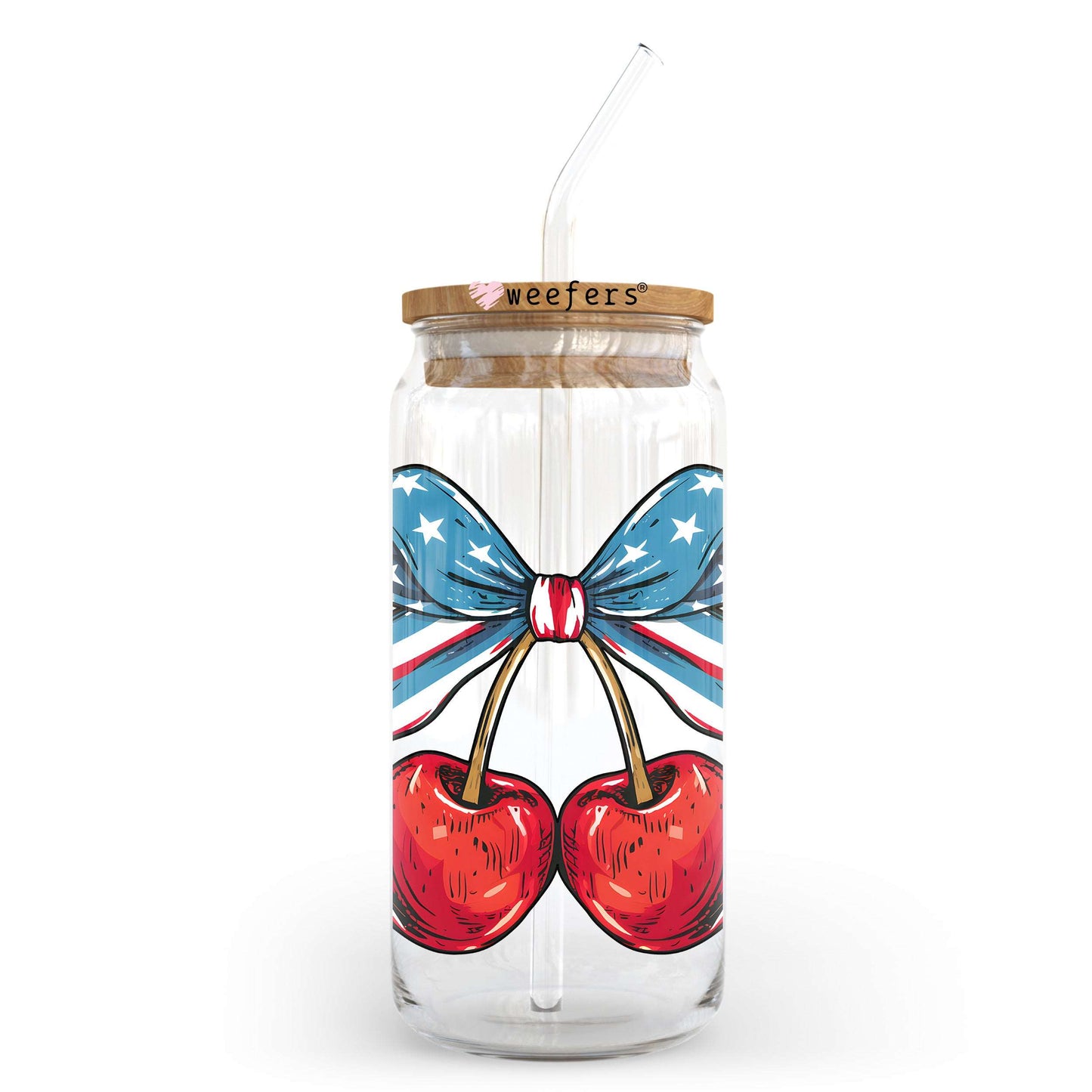 4th of July Coquette Cherry Bow 20oz Libbey Glass Can, 34oz Hip Sip, 40oz Tumbler, 24oz Cold Cup UV DTF or Sublimation Decal Transfer Weefers