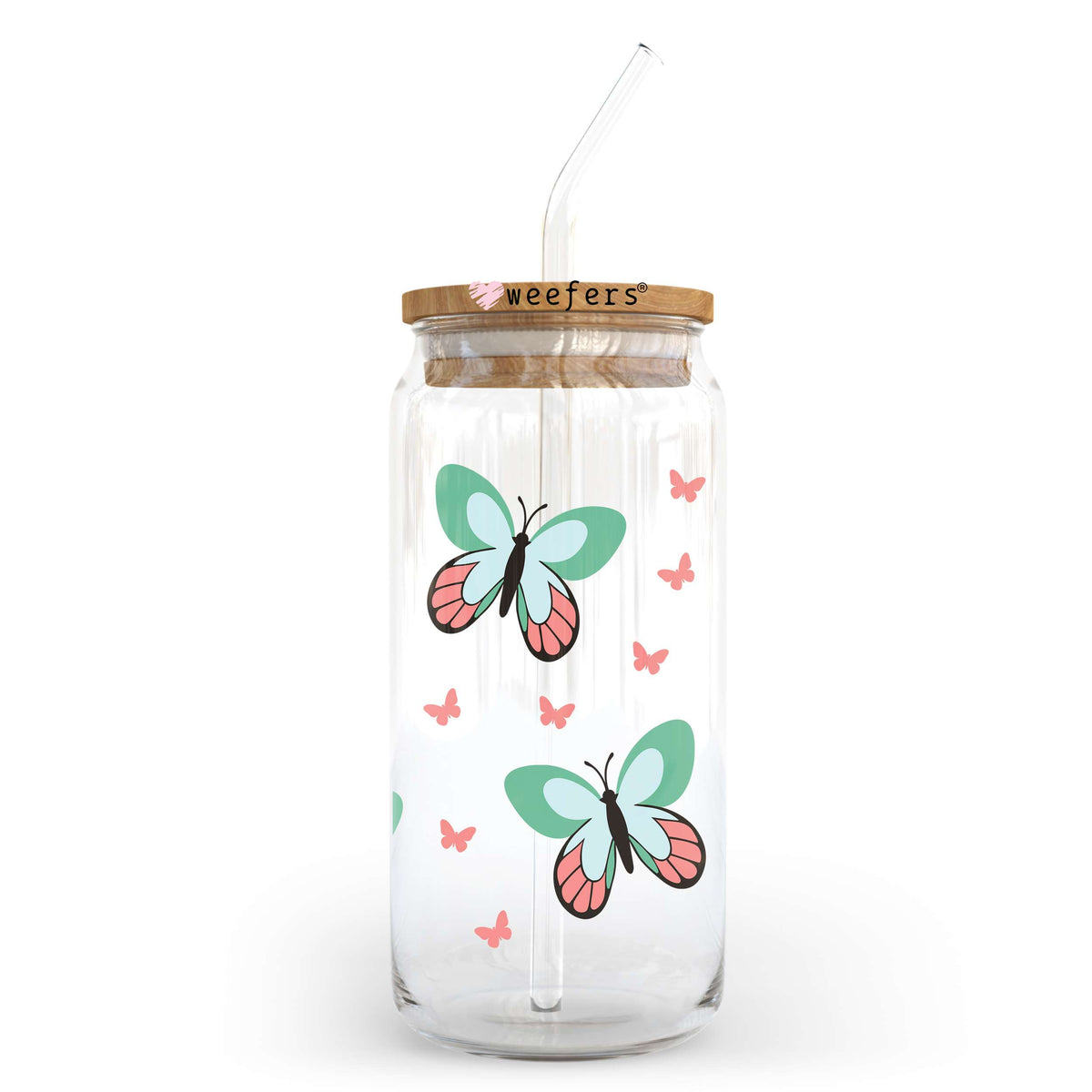 Pink And Green Butterflies 20oz Libbey Glass Can UV DTF or Sublimation Wrap - Decal Weefers