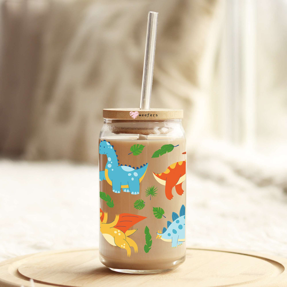 Playing Dinosaurs 16oz Libbey Glass Can UV DTF or Sublimation Wrap - Transfer Weefers
