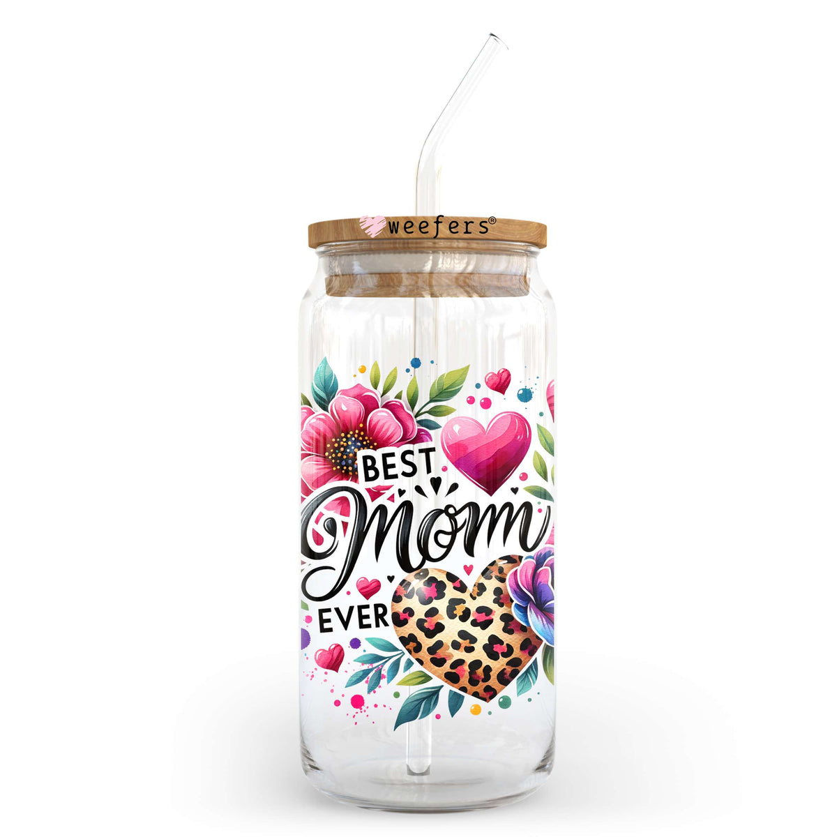 Best Mom Ever Cheetah Heart 20oz Libbey Glass Can UV DTF or Sublimation Wrap - Decal Weefers
