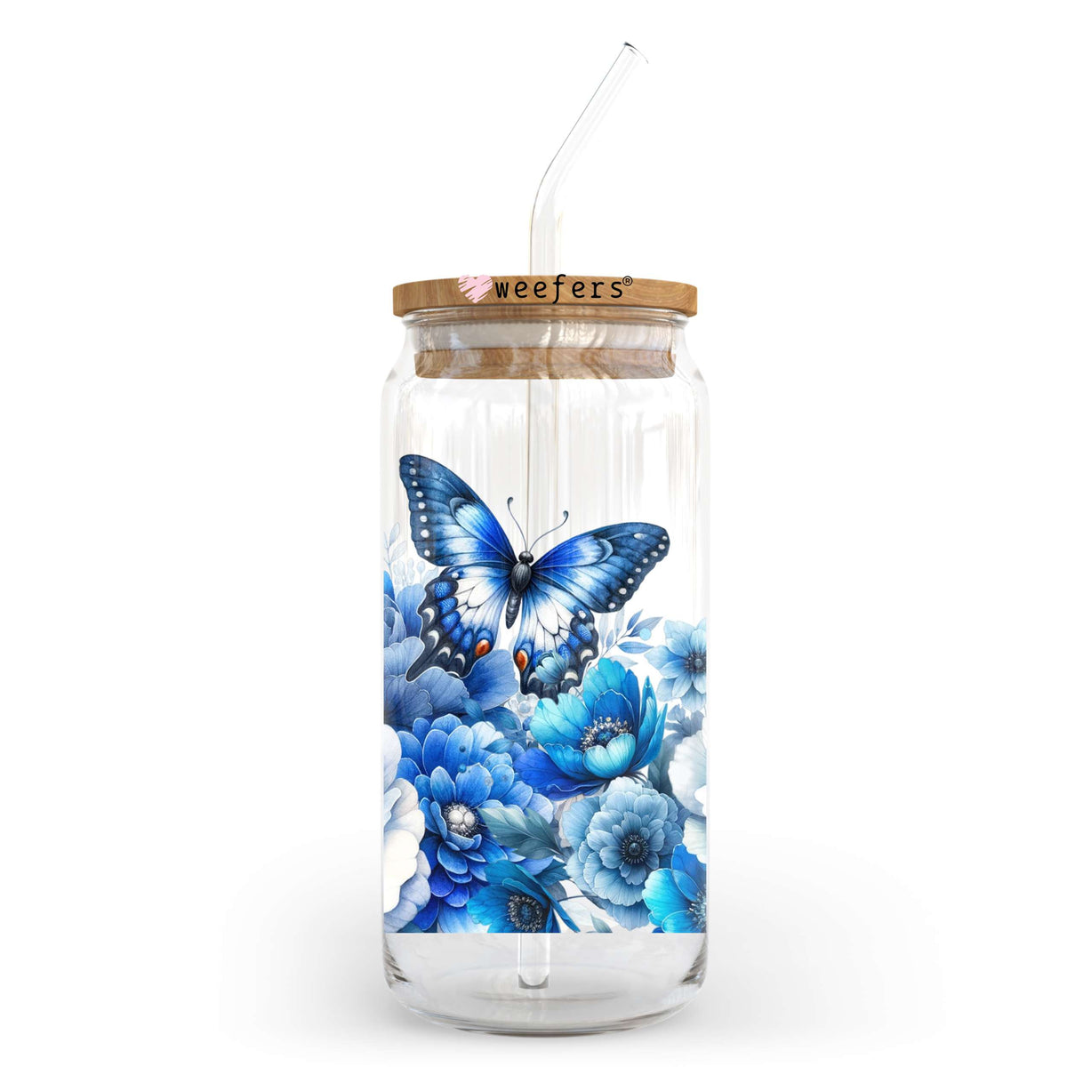 Blue Butterfly Floral 20oz Libbey Glass Can, 34oz Hip Sip, 40oz Tumbler, 24oz Cold Cup UV DTF or Sublimation Decal Transfer Weefers