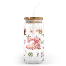 Load image into Gallery viewer, a glass jar with a pink sewing machine on it
