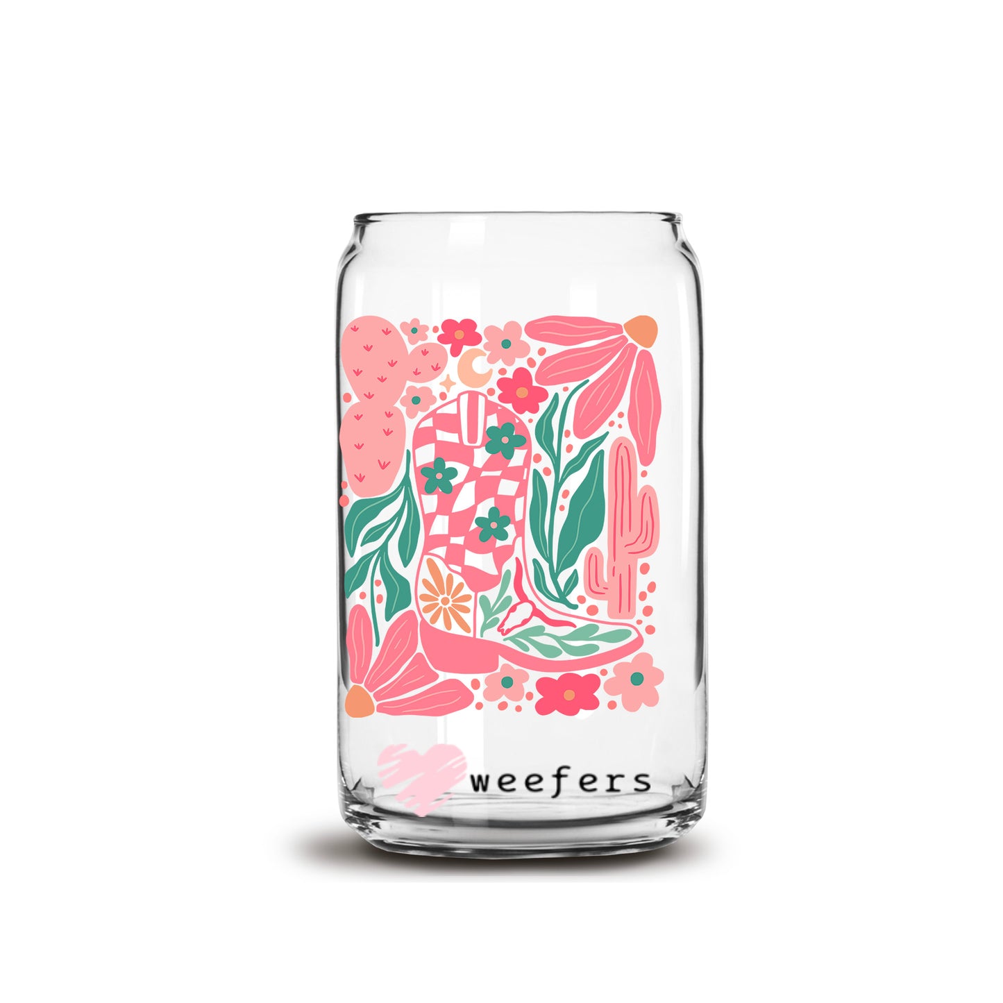Boho Floral Cowgirl Boot Pinks 16oz Libbey Glass Can UV DTF or Sublimation Wrap Decal Transfer Weefers