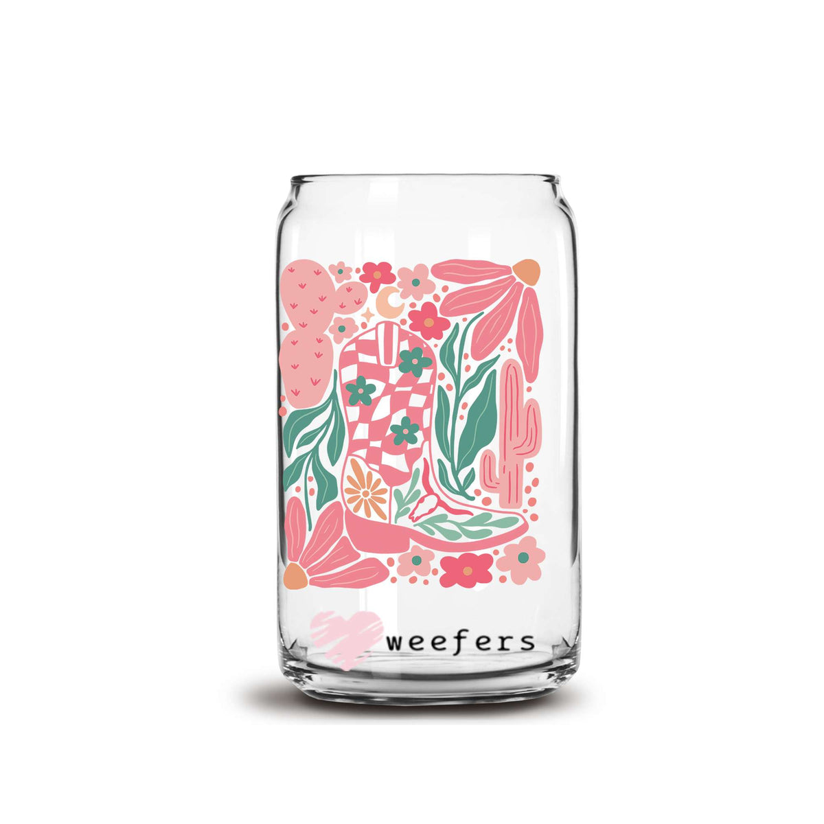 Boho Floral Cowgirl Boot Pinks 16oz Libbey Glass Can UV DTF or Sublimation Wrap Decal Transfer Weefers