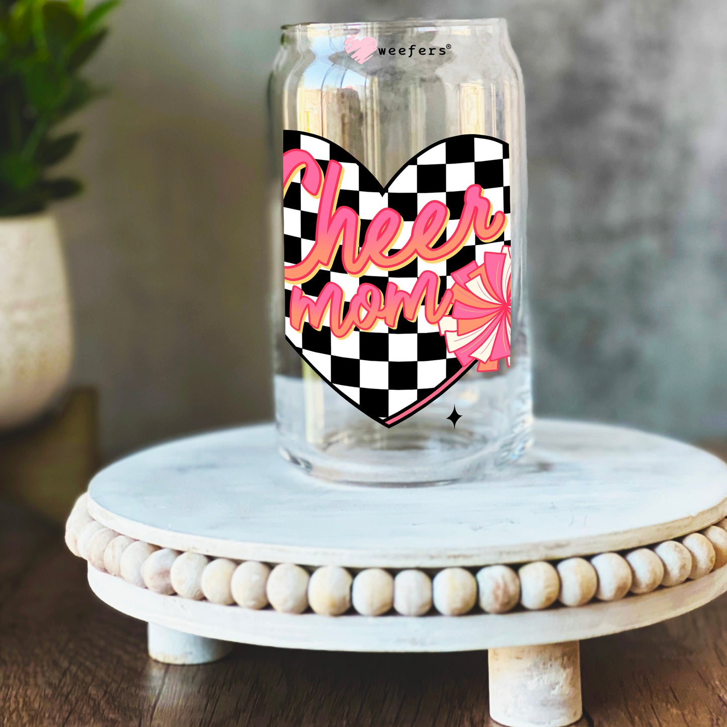 Cheer Mom Black Checkers 16oz Libbey Glass Can UV DTF or Sublimation Wrap Decal Transfer Weefers