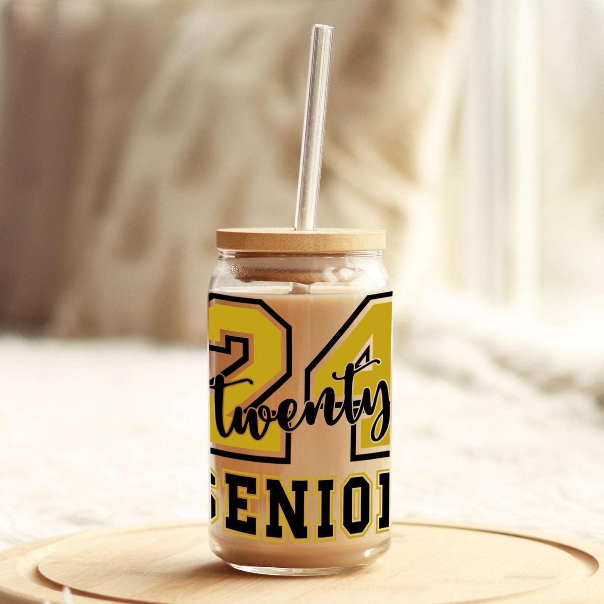 2024 Senior Gold and Black 16oz Libbey Glass Can UV DTF or Sublimation Wrap - Decal Weefers