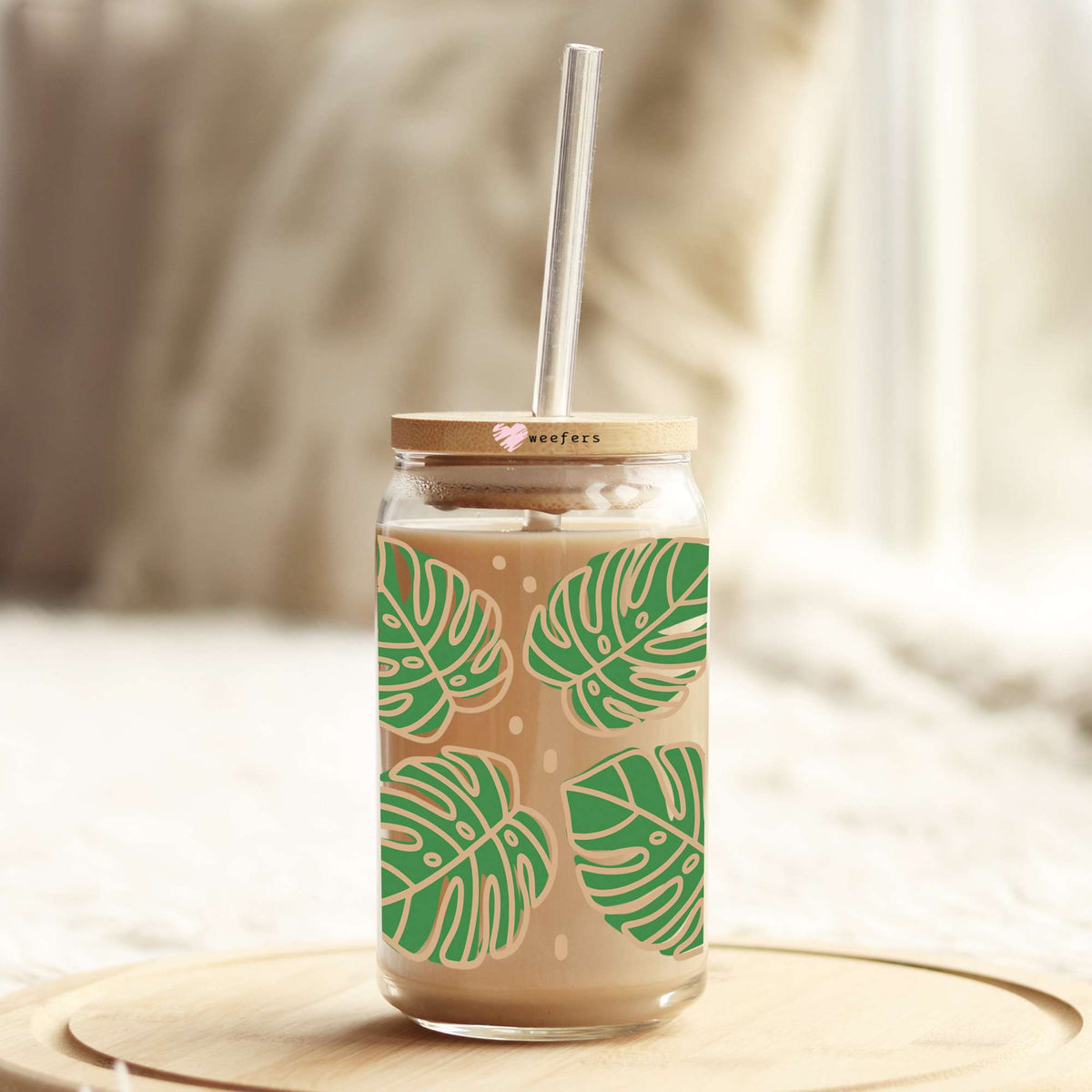 Tropical Leaves 16oz Libbey Glass Can UV DTF or Sublimation Wrap Decal Transfer Weefers