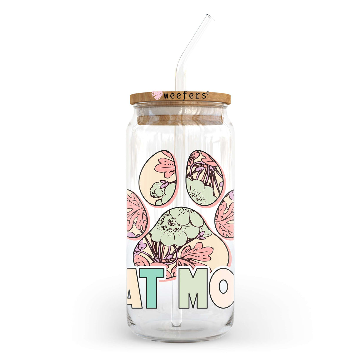 Cat Mom Floral Paw 20oz Libbey Glass Can UV DTF or Sublimation Decal Transfer Weefers